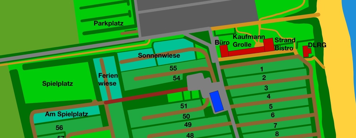 Lageplan der Urlauberplätze Am Spielplatz, Ferienwiese und Sonnenwiese auf dem Campingplatz Costa Sahna